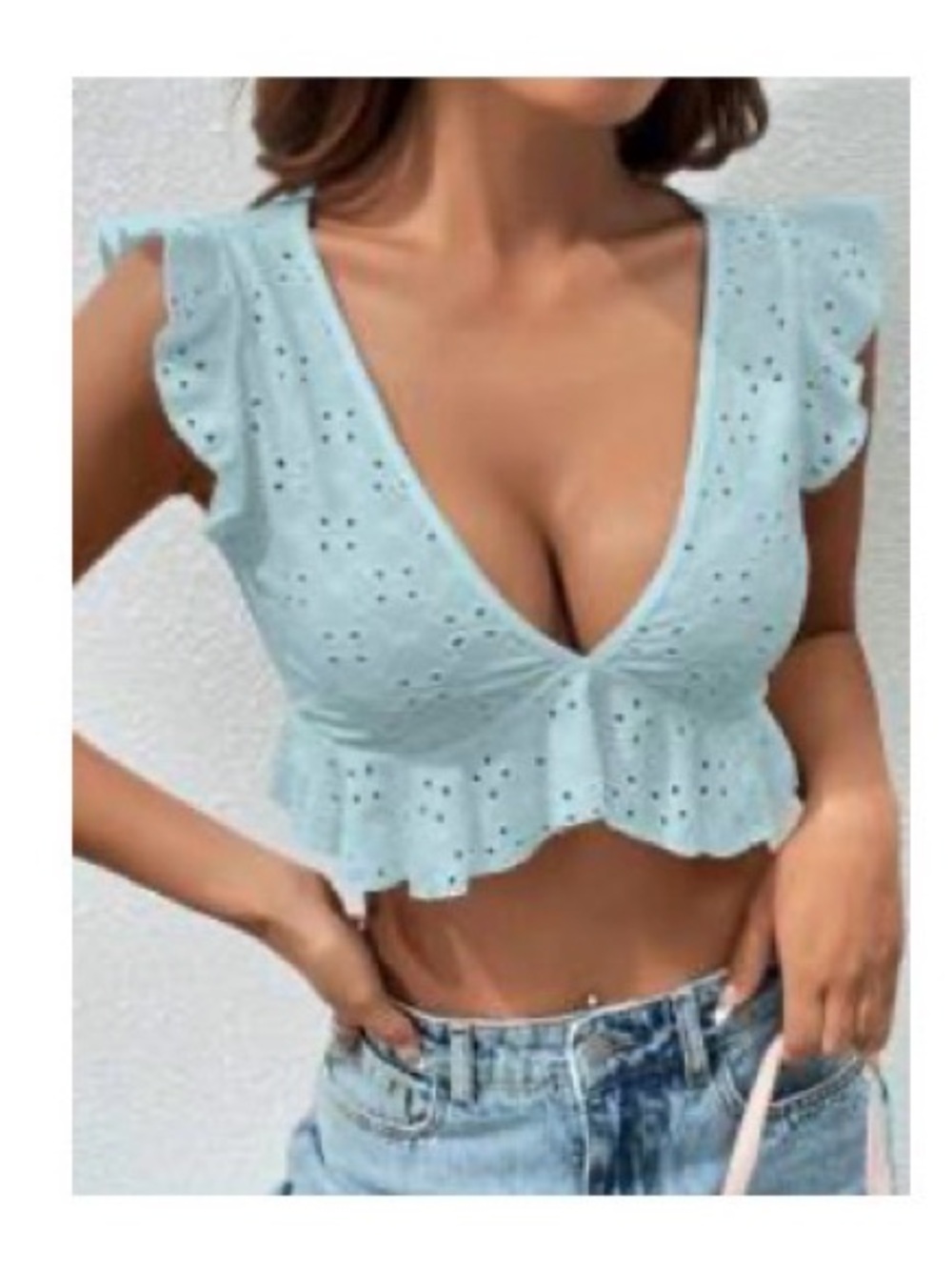 ☀️Bundle 2 for $15☀️SHEIN Pale Blue Eyelet Crop Top with Ruffle Hem